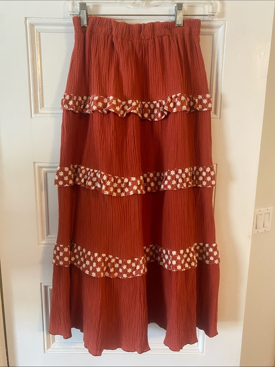 Maeve Dresses & Skirts - Maeve Rust Maxi Skirt with Floral Ruffle Trim